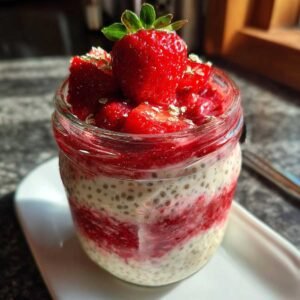 Gros plan d'un pudding chia cheesecake fraise dans un bocal, garni de fraises fraîches et de quelques flocons dorés.