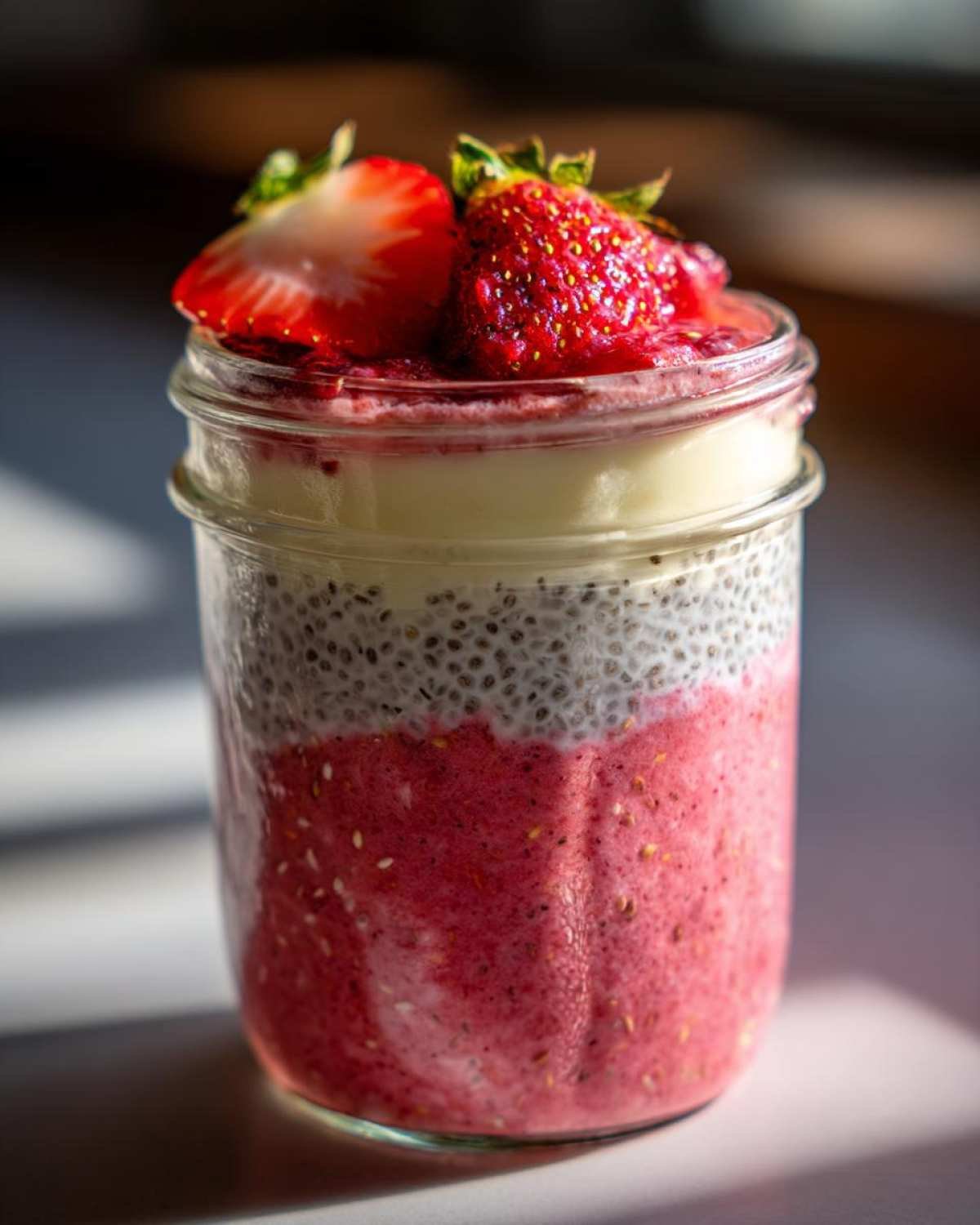 Gros plan d'un pudding chia cheesecake fraise en pot, garni de fraises fraîches.