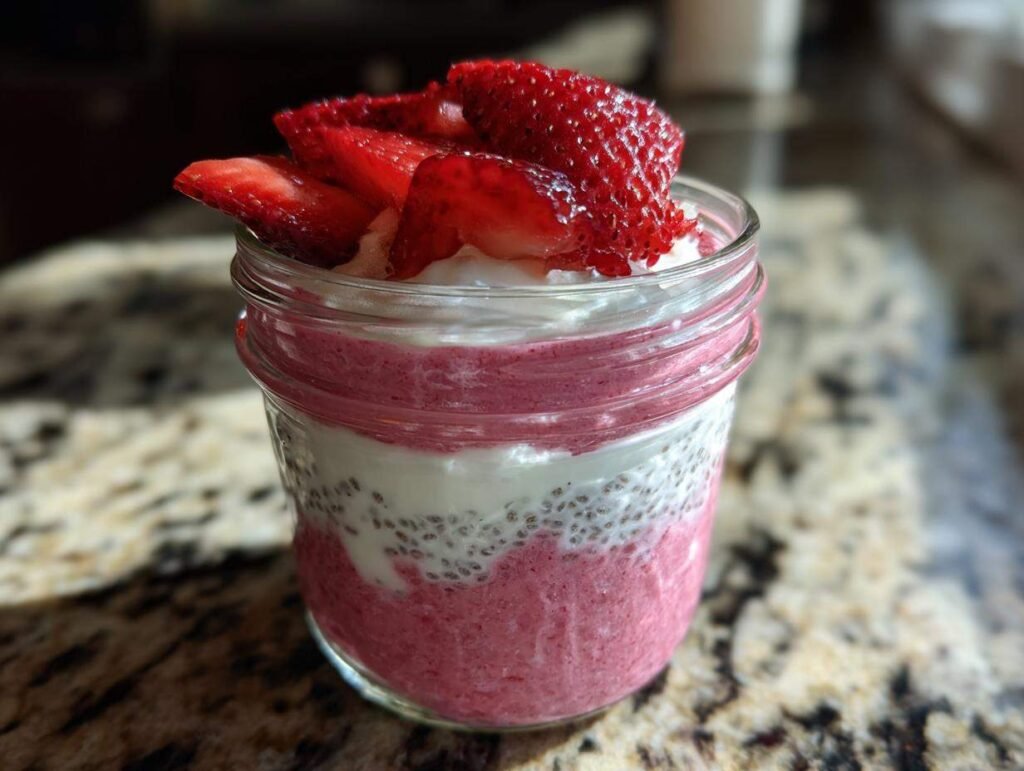 Gros plan d'un pudding chia cheesecake fraise dans un pot en verre, garni de fraises fraîches.