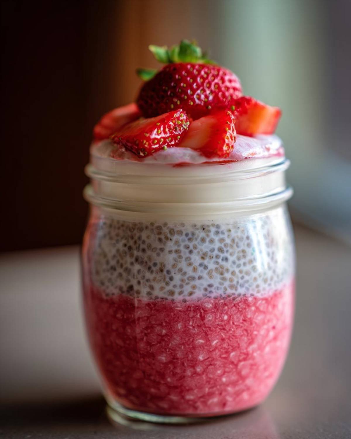 Gros plan d'un pudding chia cheesecake fraise dans un pot, garni de fraises fraîches.