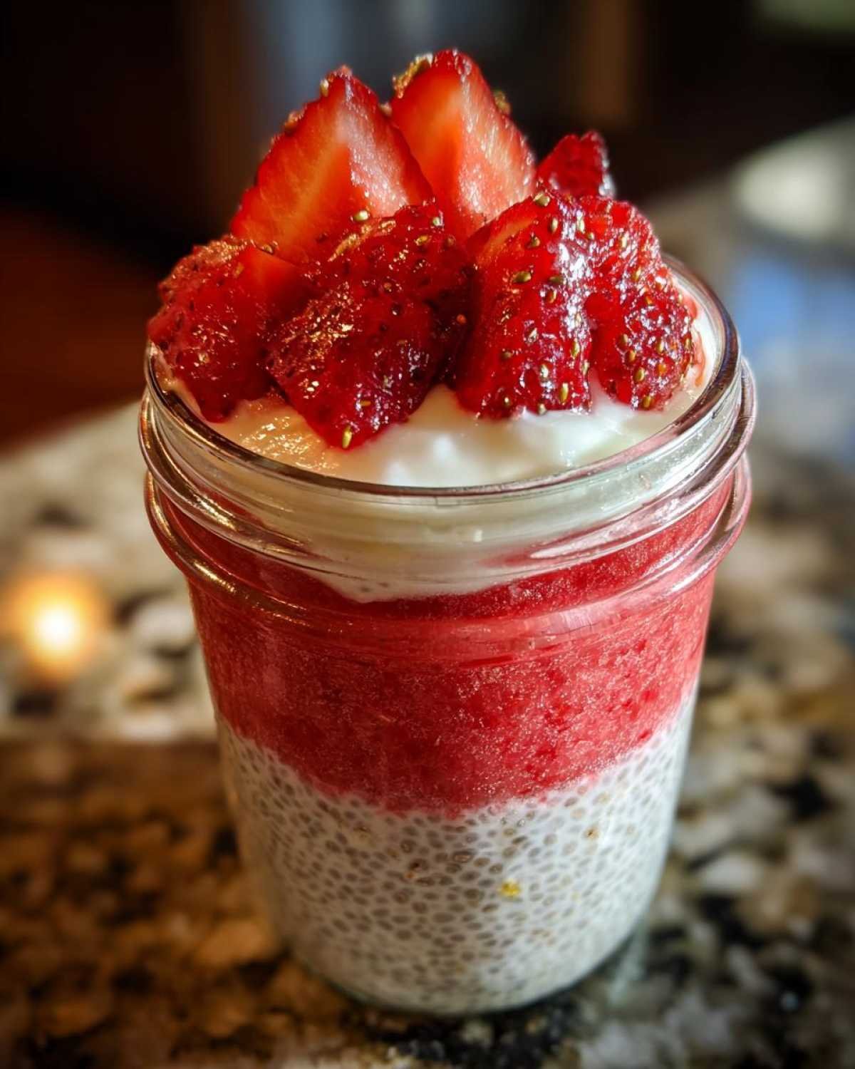 Gros plan d'un pudding chia cheesecake fraise dans un pot, garni de fraises fraîches.