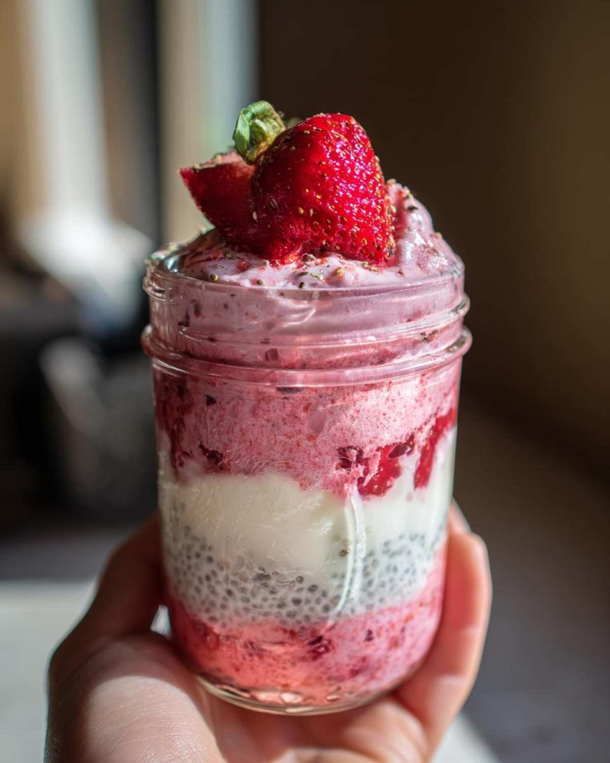 Gros plan d'un pudding chia cheesecake fraise en pot, garni de fraises fraîches.