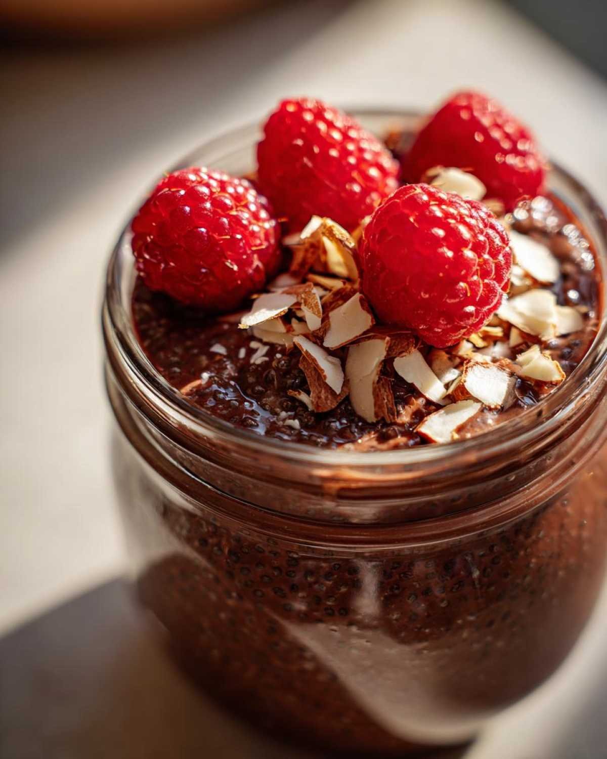 Gros plan d'un pudding chia chocolat protéiné dans un bocal, garni de framboises et d'amandes effilées.