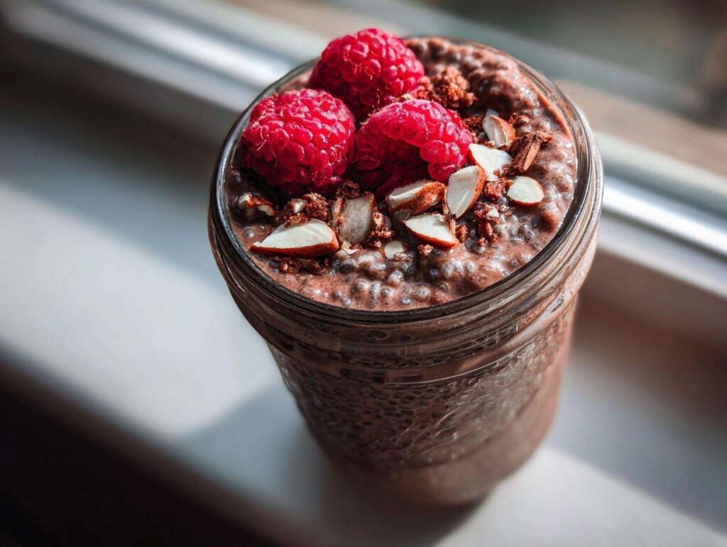 Gros plan d'un pudding chia chocolat protéiné garni de framboises fraîches, d'amandes effilées et de miettes de cacao.