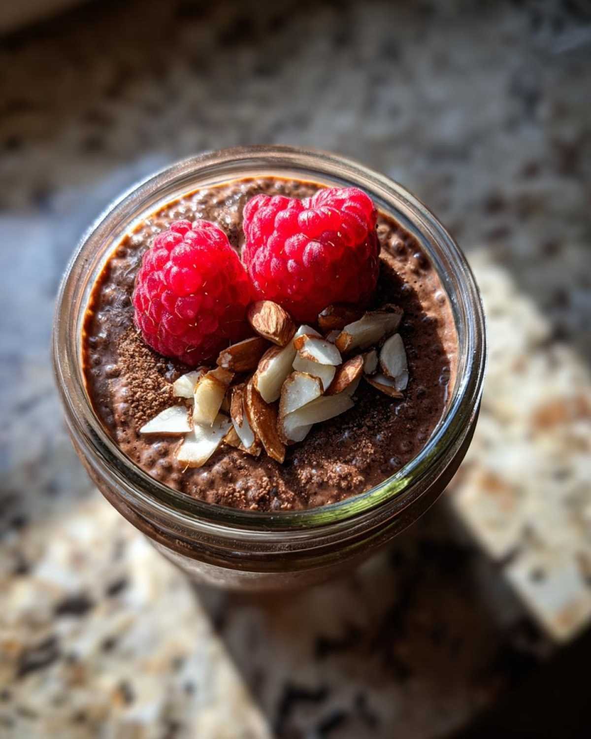 Gros plan d'un pudding chia chocolat protéiné dans un bocal, garni de framboises fraîches et d'amandes effilées.