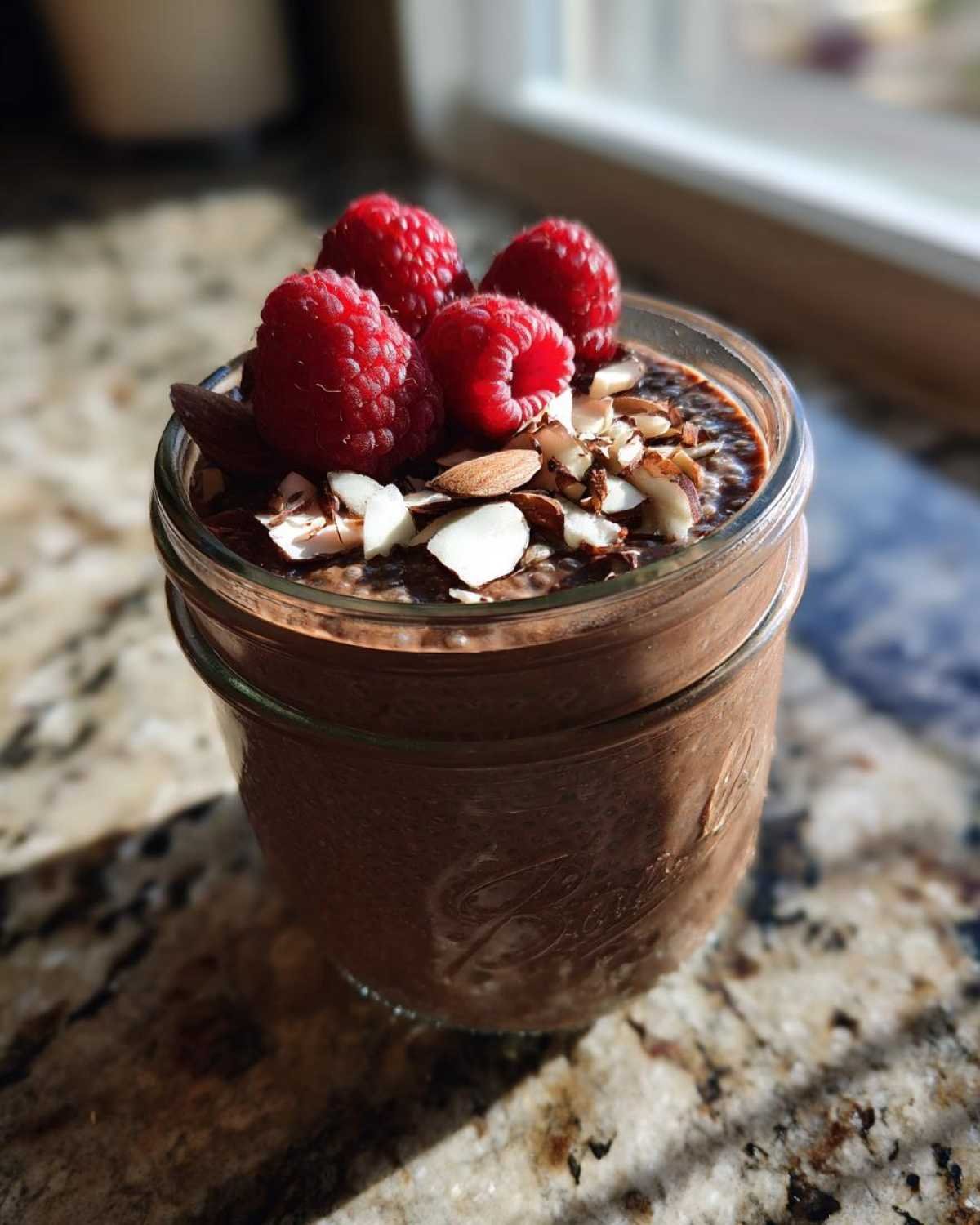 Pudding chia chocolat protéiné garni de framboises fraîches, d'amandes effilées et d'un morceau de chocolat noir.
