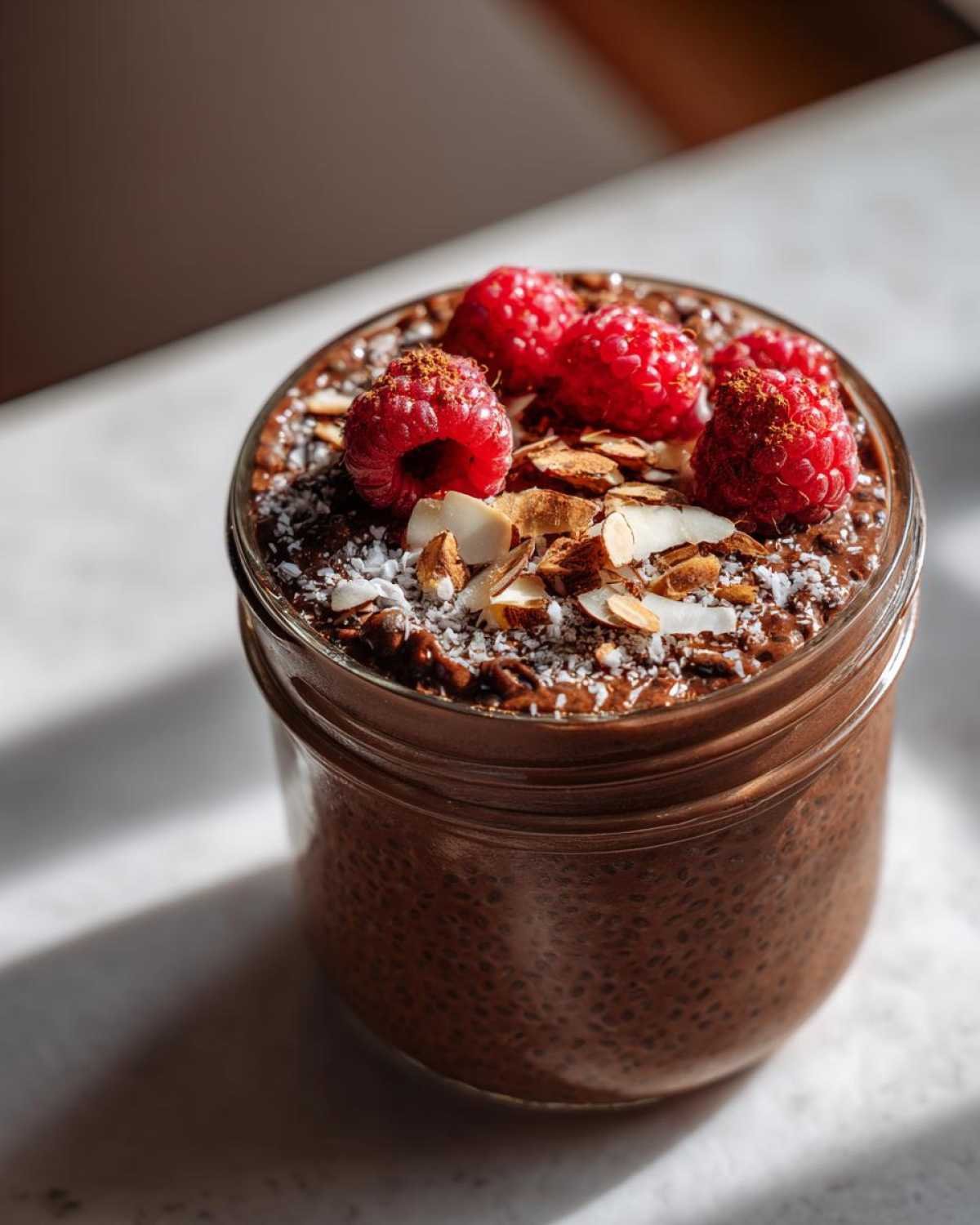 Gros plan d'un pudding chia chocolat protéiné garni de framboises, d'amandes effilées et de noix de coco râpée.