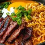 Bol de ramen coréen avec bœuf grillé, sauce crémeuse et oignons verts