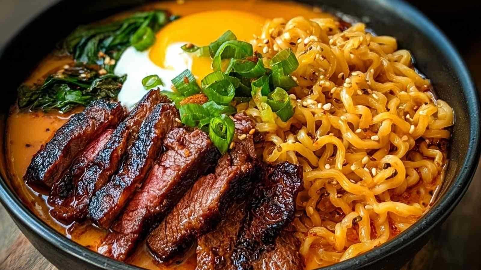 Bol de ramen coréen avec bœuf grillé, sauce crémeuse et oignons verts