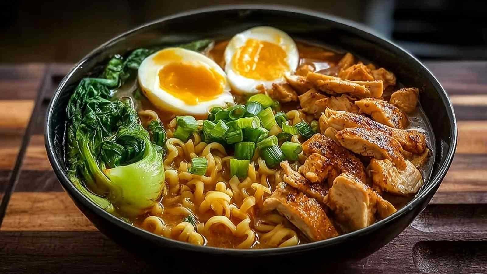 Ramen au Poulet Facile servi dans un bol avec garnitures