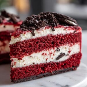 Gros plan d'une tranche de Red Velvet Oreo Cheesecake, montrant les couches de gâteau rouge, de crème et de morceaux d'Oreo.