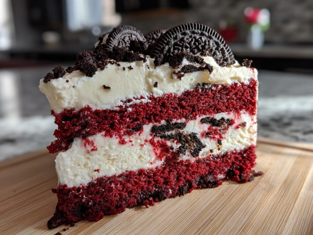 Gros plan d'une tranche de Red Velvet Oreo Cheesecake avec des couches de gâteau rouge et de crème au fromage, garnie d'Oreo.