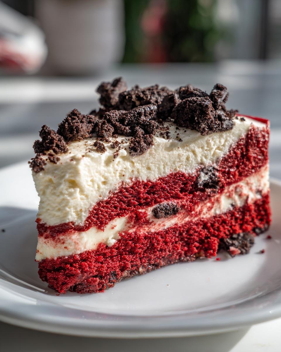 Gros plan d'une tranche de Red Velvet Oreo Cheesecake avec garniture Oreo émiettée.