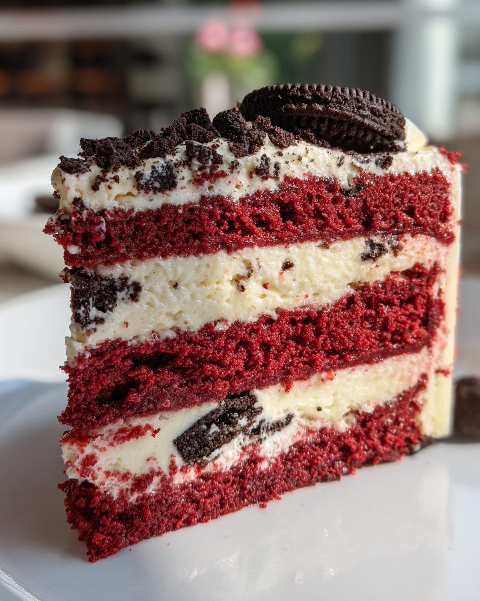 Gros plan d'une tranche de Red Velvet Oreo Cheesecake avec des couches de génoise rouge, de crème et de morceaux d'Oreo.