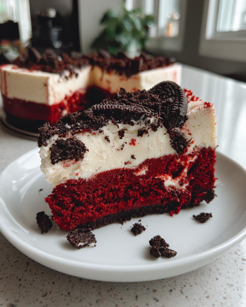 Gros plan d'une tranche de Red Velvet Oreo Cheesecake sur une assiette blanche, garnie de miettes d'Oreo.