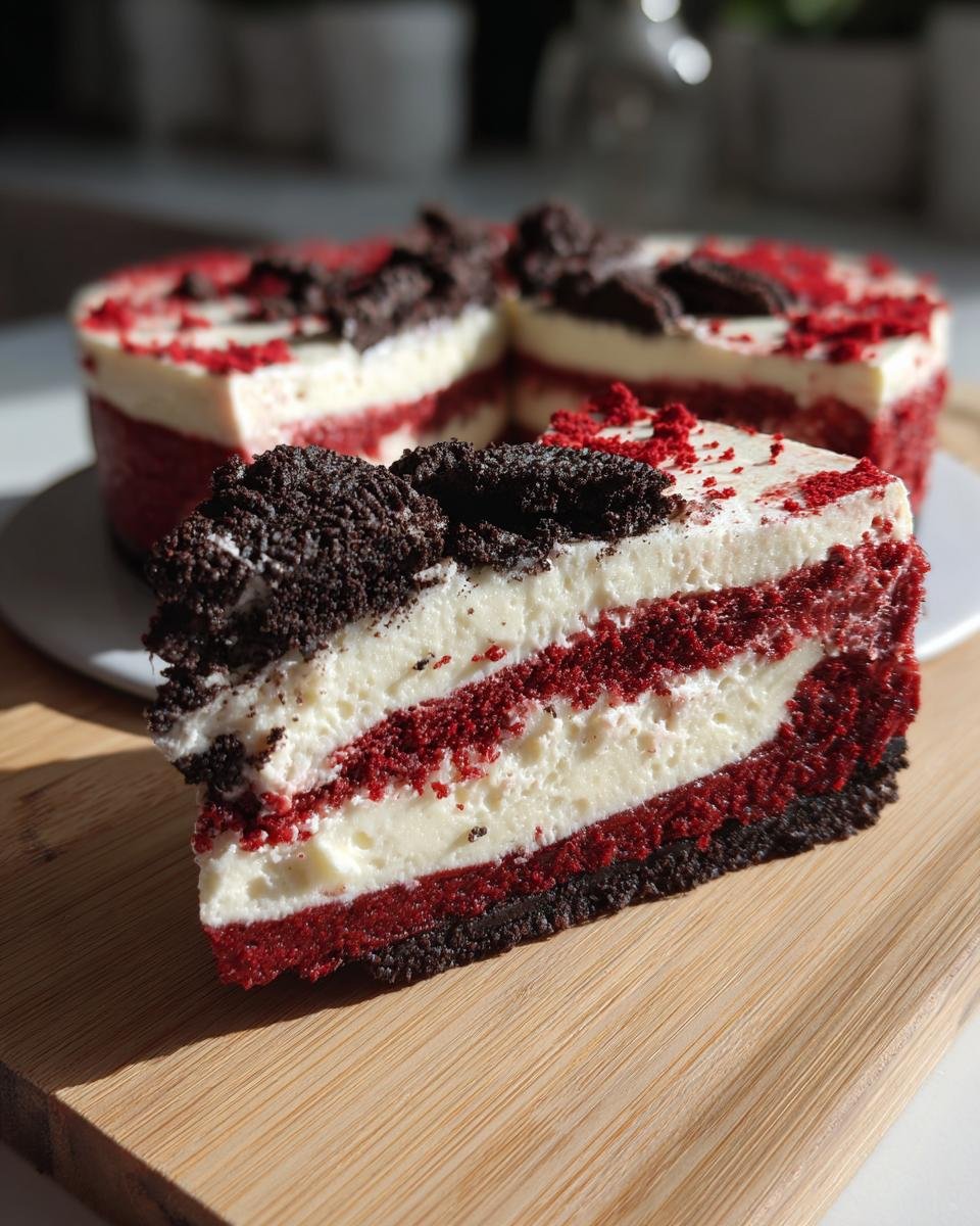 Gros plan d'une tranche de Red Velvet Oreo Cheesecake, montrant les couches rouges et blanches et la garniture Oreo.