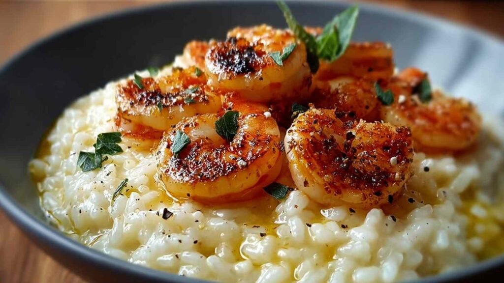 Risotto parmesan crevettes crémeux servi avec persil frais et parmesan râpé