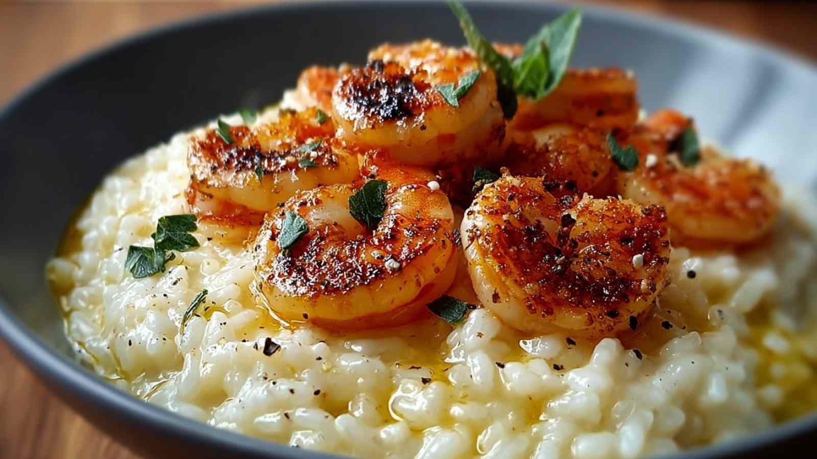 Risotto parmesan crevettes crémeux servi avec persil frais et parmesan râpé