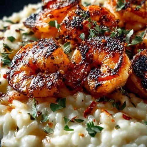 Risotto crémeux aux crevettes et parmesan dans une assiette blanche