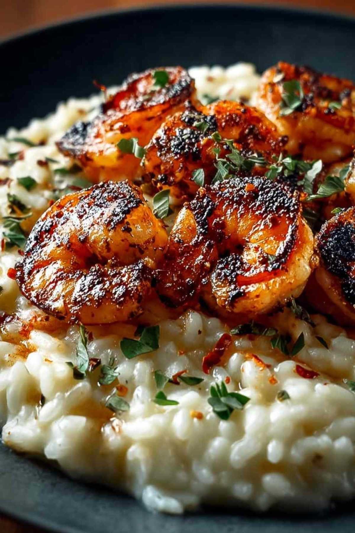 Risotto crémeux aux crevettes et parmesan dans une assiette blanche