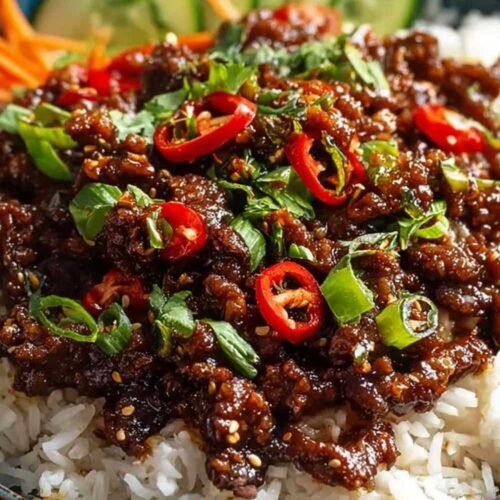 Riz au bœuf croustillant pimenté servi dans un bol avec garntures