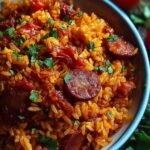 Plat de riz au chorizo et à la tomate dans une grande poêle