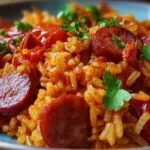 Plat de riz au chorizo et à la tomate dans une grande poêle