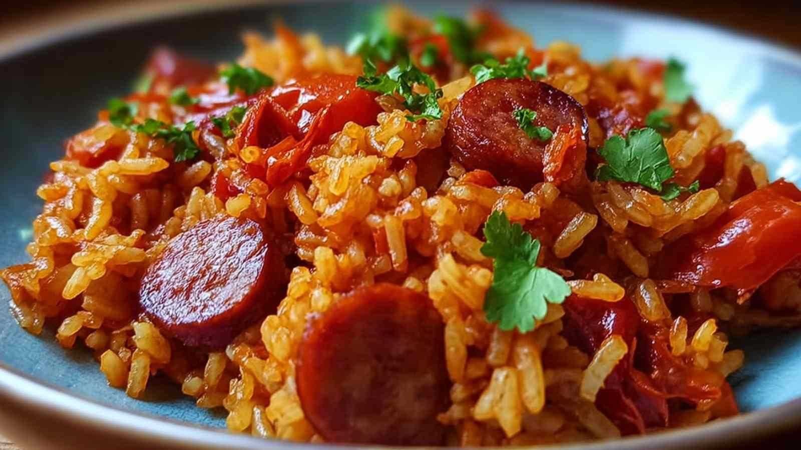 Plat de riz au chorizo et à la tomate dans une grande poêle