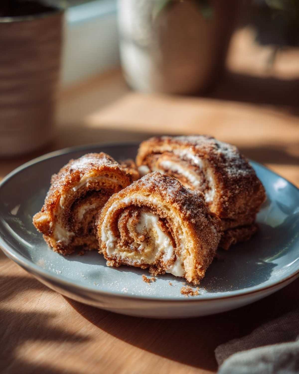 Gros plan sur trois roll-ups cannelle fromage keto sur une assiette bleue, saupoudrés de sucre glace.