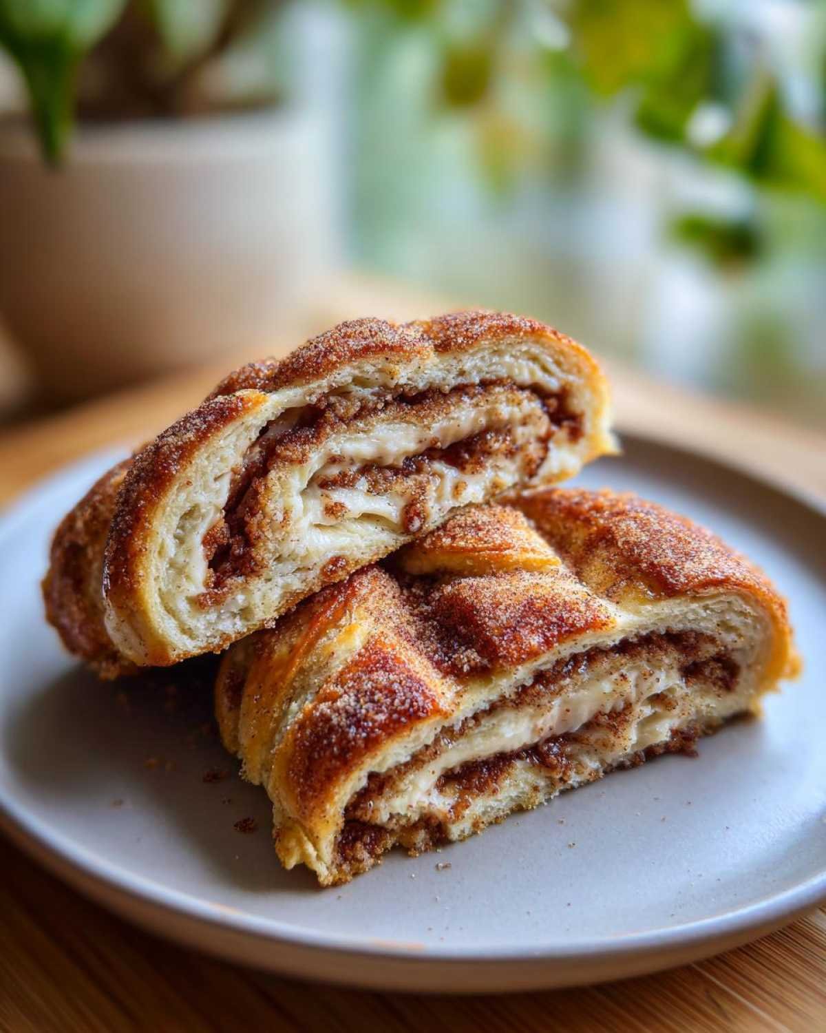 Gros plan sur des roll-ups cannelle fromage keto coupés en deux, révélant leur garniture crémeuse et épicée.