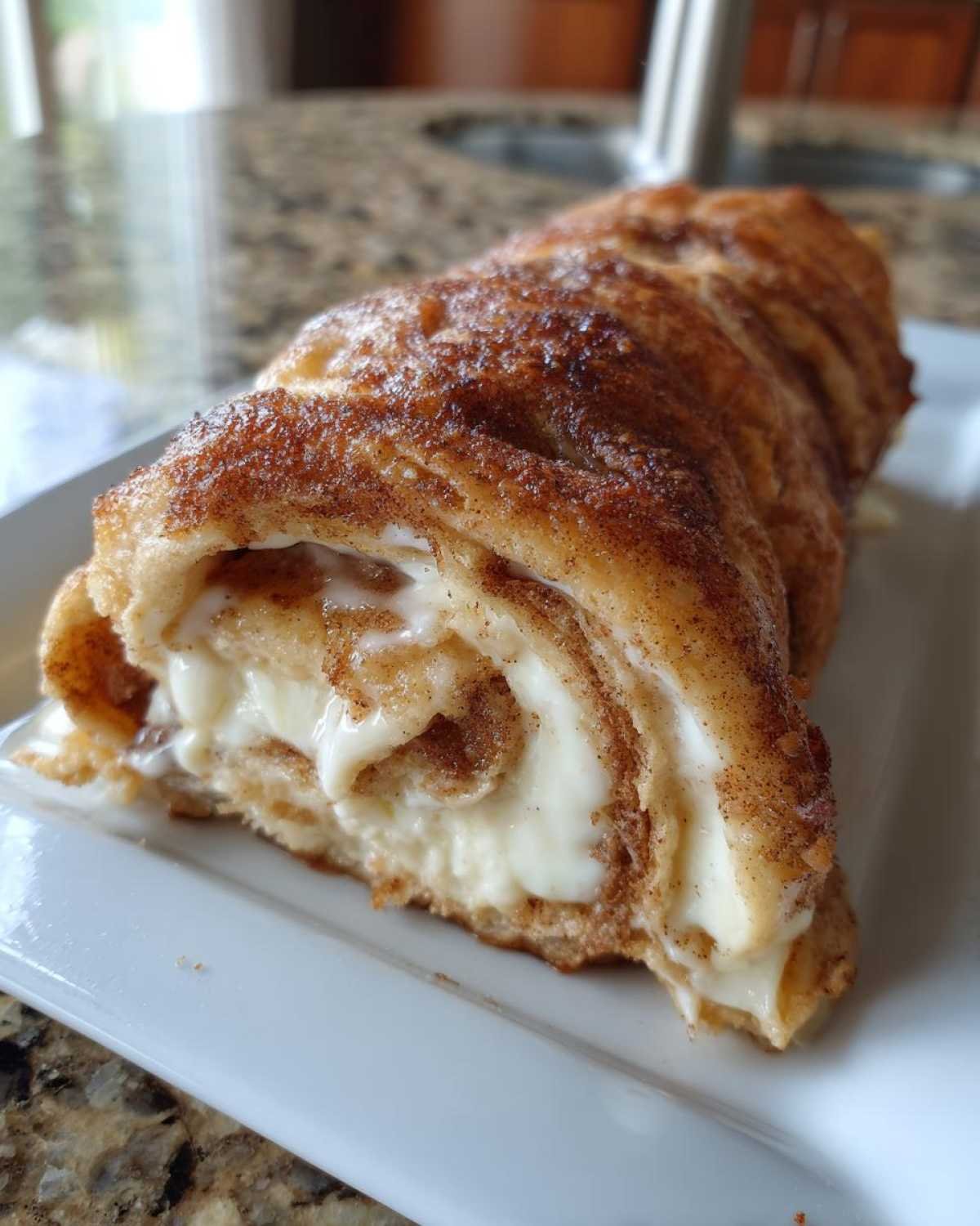 Gros plan d'un roll-up cannelle fromage keto crémeux et garni de cannelle.