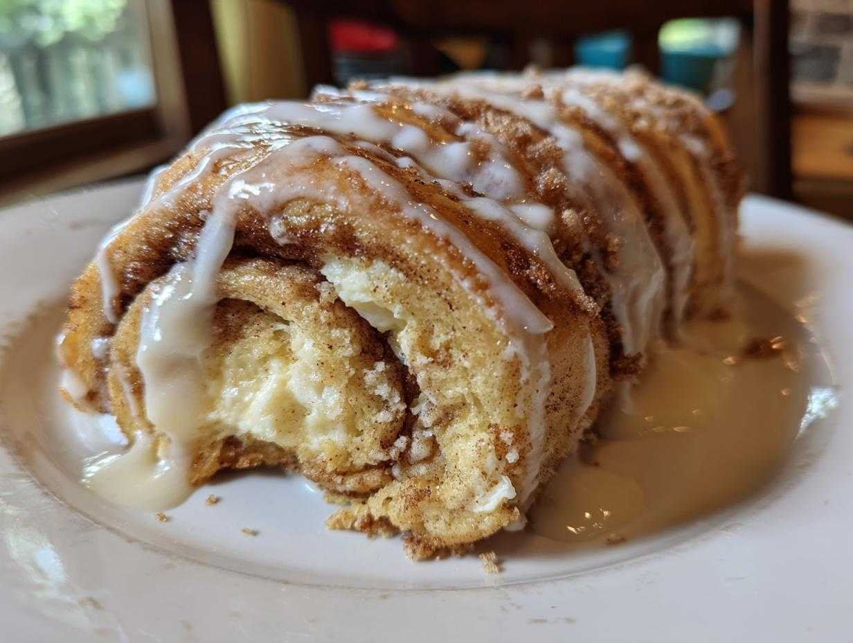 Gros plan d'un roll-up cannelle fromage keto dégoulinant de glaçage crémeux.