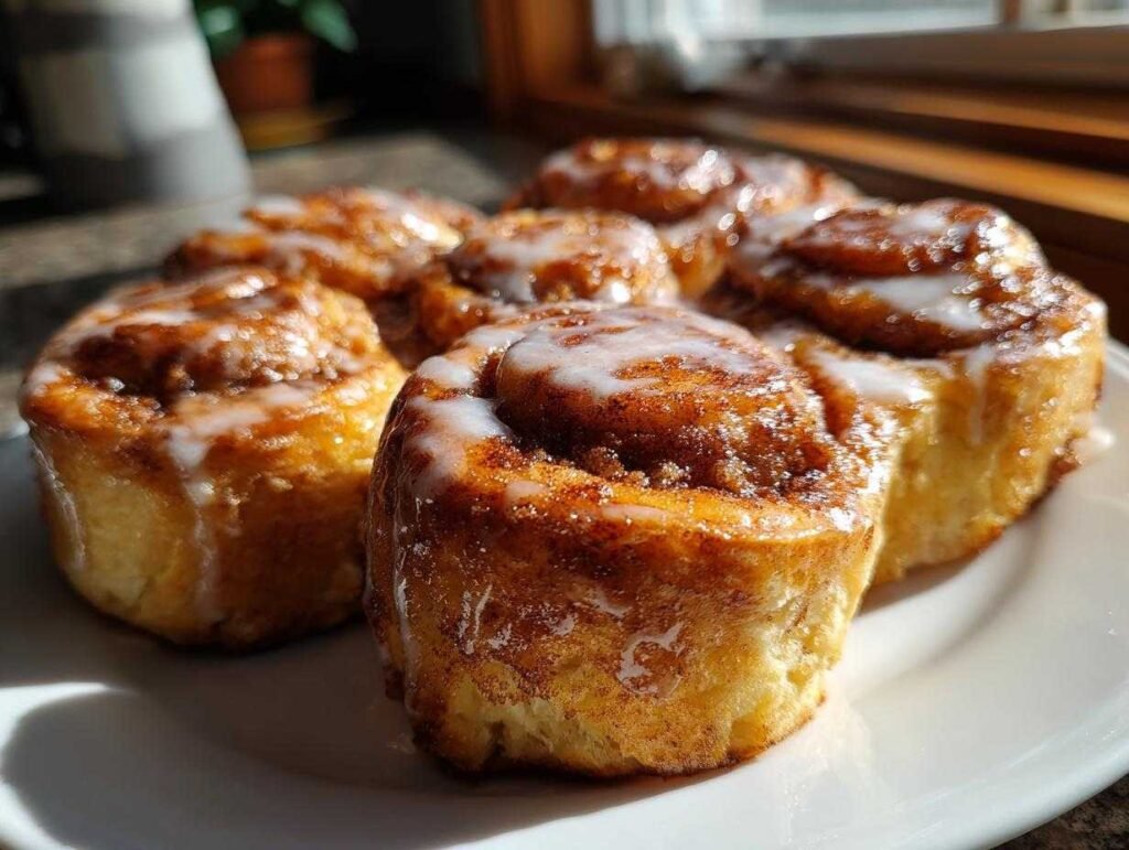 Gros plan sur des roll-ups cannelle keto glacés sur une assiette blanche, parfaits pour un petit-déjeuner ou une collation.