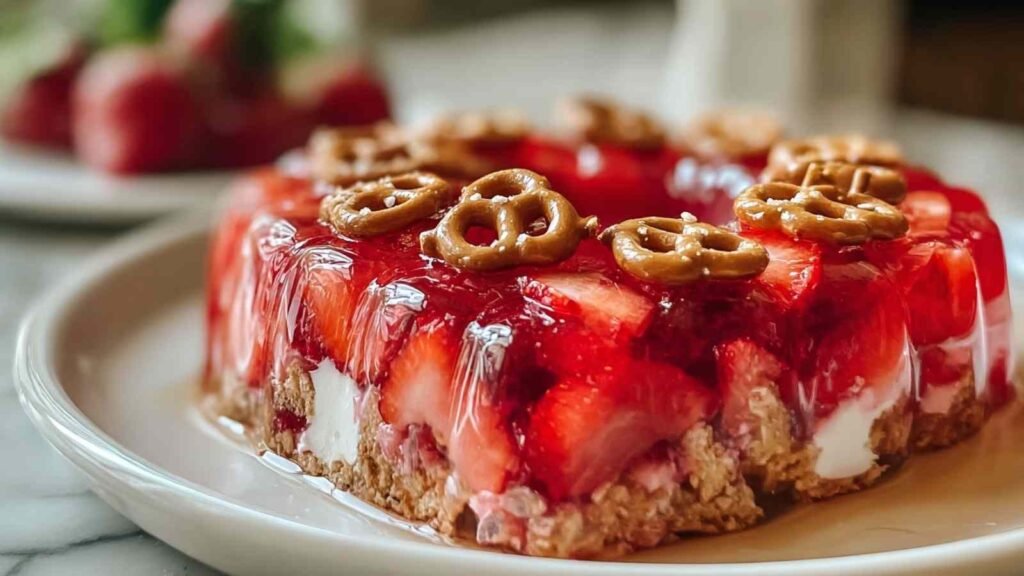 Salade Jello aux fraises et bretzels dessert américain trois couches