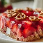 Salade Jello aux fraises et bretzels dessert américain trois couches