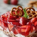 Salade Jello aux fraises et bretzels avec trois couches distinctes dans un plat rectangulaire