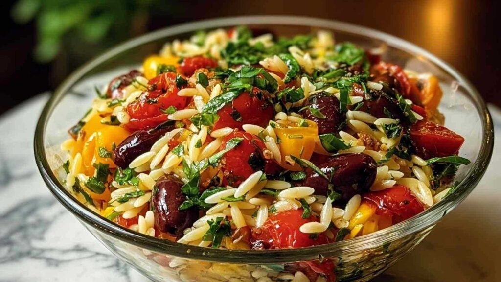 Salade Orzo Méditerranéenne fraîche avec feta, olives et légumes colorés