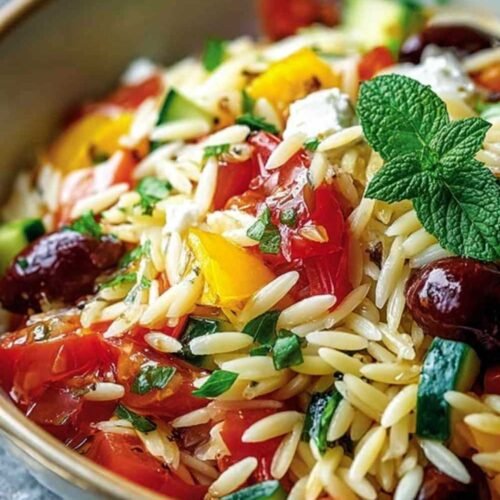 Salade d'orzo méditerranéenne colorée dans un grand saladier blanc
