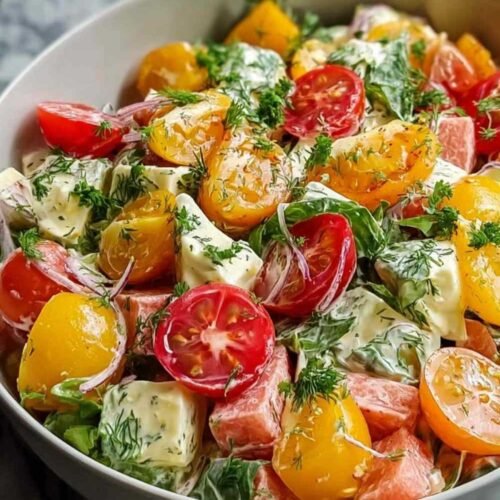 Salade piémontaise terminée servie dans un joli plat de présentation