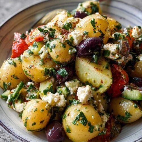 Salade de pommes de terre avec olives et feta dans un grand bol