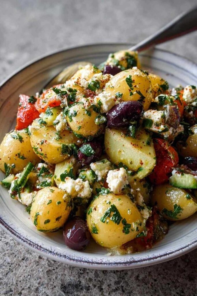 Salade de pommes de terre avec olives et feta dans un grand bol