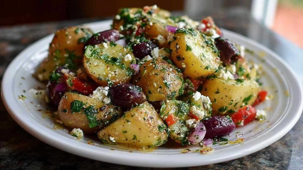 Salade de pommes de terre méditerranéenne avec olives kalamata et feta