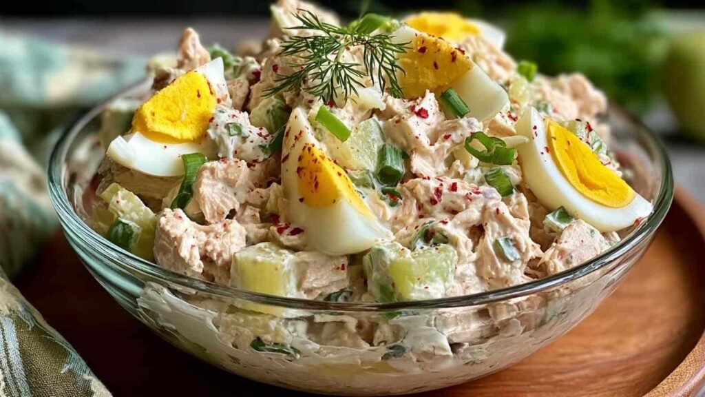 Salade de thon aux œufs et yaourt servie dans un bol blanc