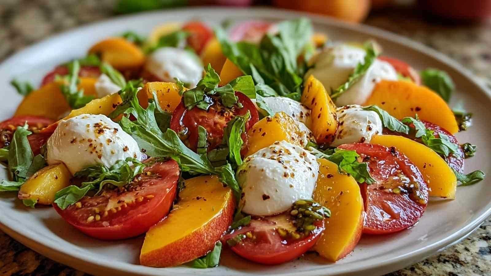 Salade tomate pêche burrata fraîche servie avec roquette et basilic