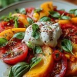 Salade fraîche avec tomates, pêches et burrata sur assiette blanche