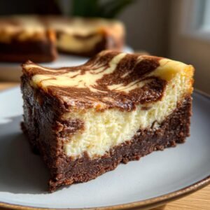 Gros plan d'une part de Schoko-Gugelhupf Cheesecake marbré au chocolat et à la vanille sur une assiette.