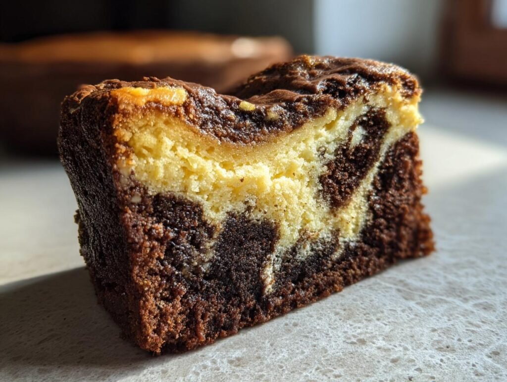 Gros plan d'une part de Schoko-Gugelhupf Cheesecake marbré au chocolat et à la vanille.