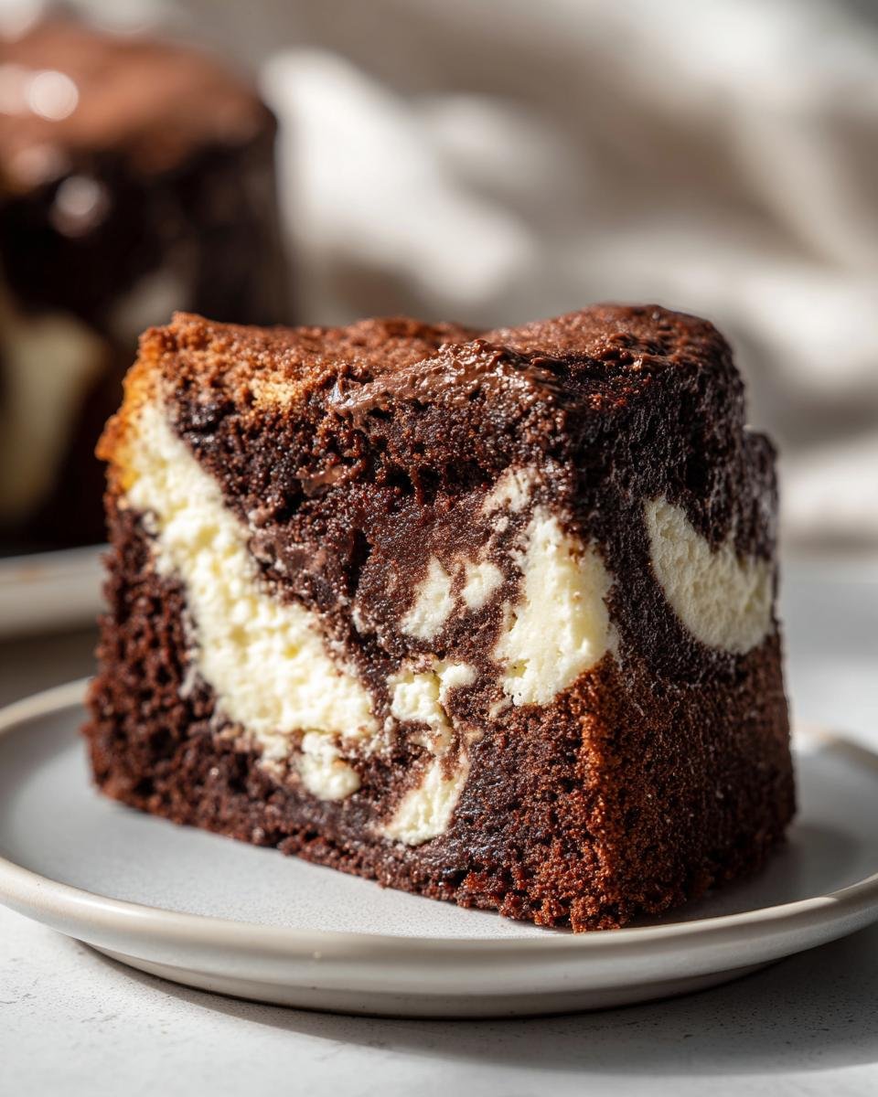 Gros plan d'une tranche de Schoko-Gugelhupf Cheesecake, avec un marbrage chocolat-fromage distinctif.