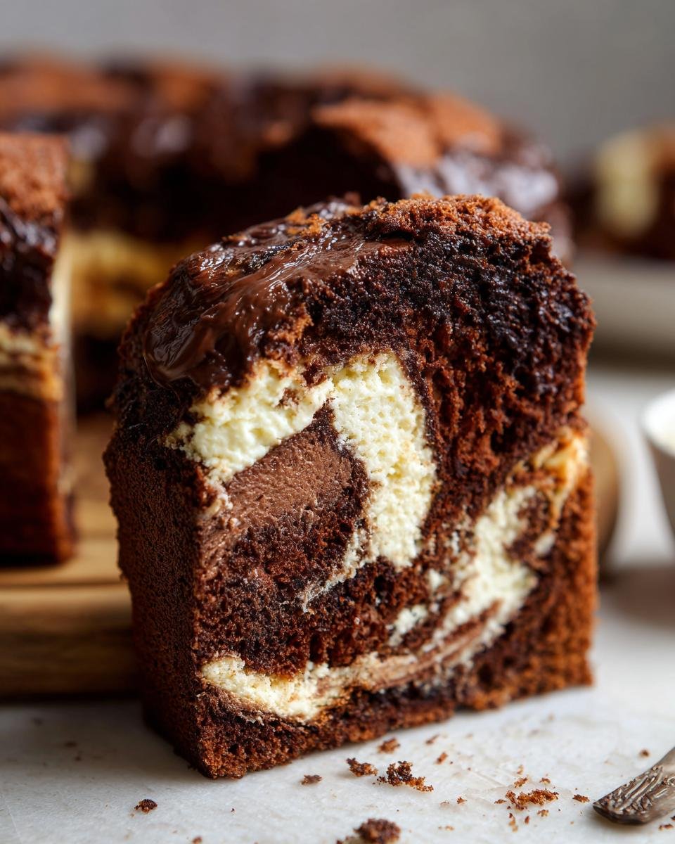 Gros plan d'une tranche de Schoko-Gugelhupf Cheesecake au chocolat, avec un marbrage de chocolat et de fromage.