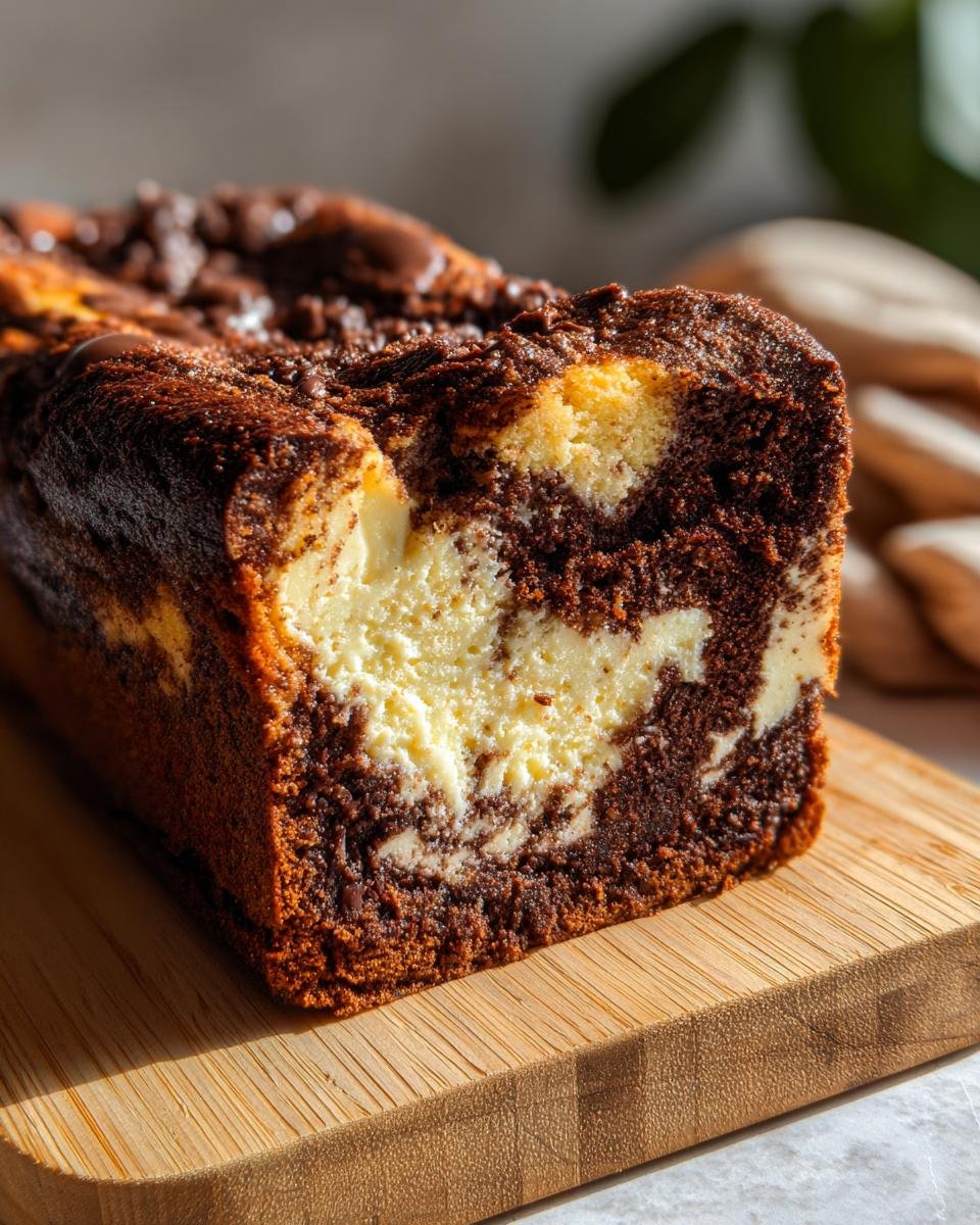 Gros plan d'une tranche de Schoko-Gugelhupf Cheesecake marbré au chocolat et au fromage.